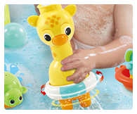 Fill Giraffe up with water and watch water come out of his feet and see his rubber ring spin.