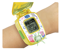 Includes an alarm, timer & stopwatch functions, 4 built-in games, Peppa phrases and a fun light effect!