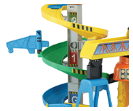 Launch the included Toot-Toot dumper truck from the very top and watch as it scoots down the corkscrew track onto the cradle and down the second track!