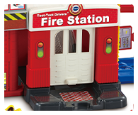 Manipulative features include twisting flag, swing-up fire station door, flip down fire and fuel pump.