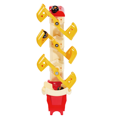 The bucket lift transports marbles back up to the top to keep the action going! The bucket lift transports marbles back up to the top to keep the action going!